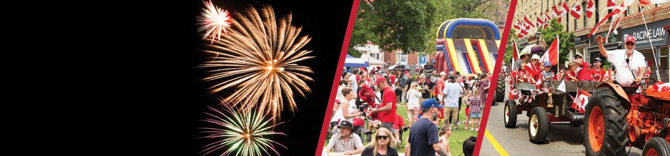 Image of fireworks, canada day parade and a park filled with people in red and white